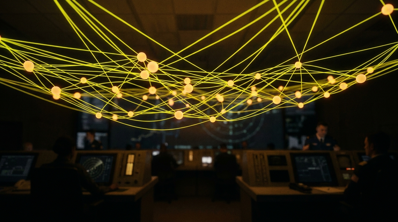 A glowing electric-yellow knowledge network of connected nodes over a dark aviation operations room.