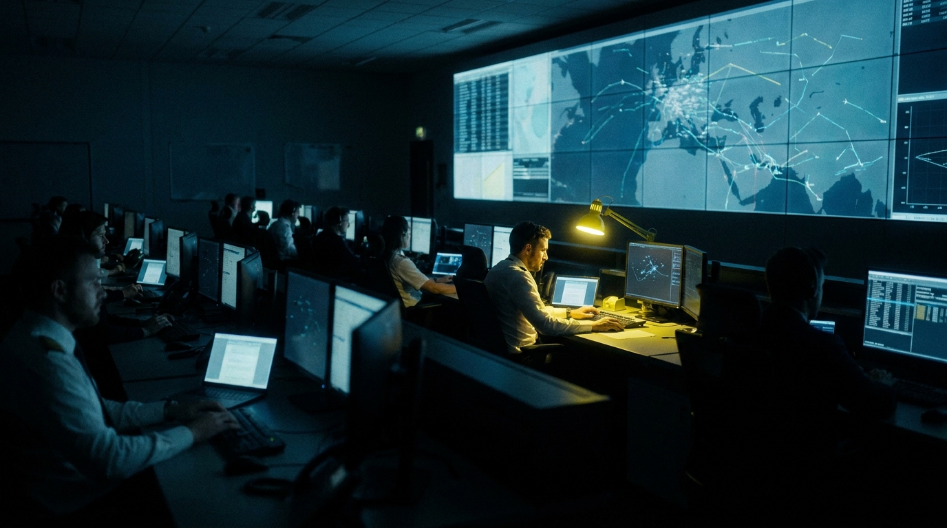 A darkened aviation operations control centre with a large situational map wall.