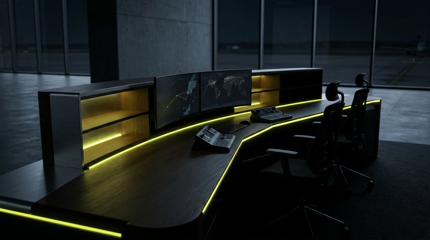 A sleek dark aviation operations desk with electric-yellow accent lighting overlooking an apron.