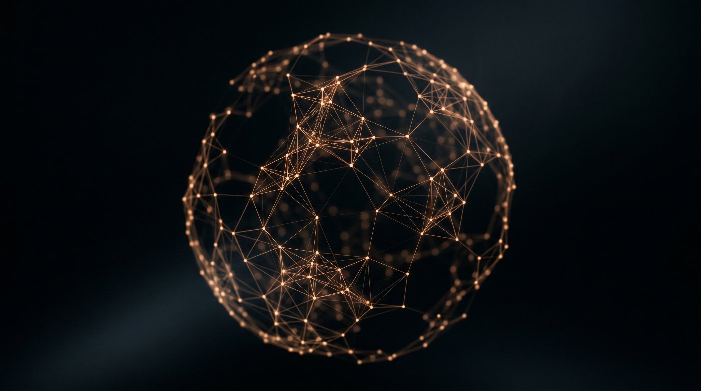 An abstract web of connected points forming a sphere, warm light tracing the links.