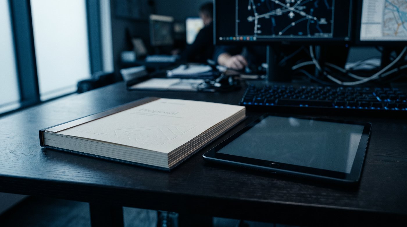 A premium printed proposal document and a tablet on a dark aviation operations desk.