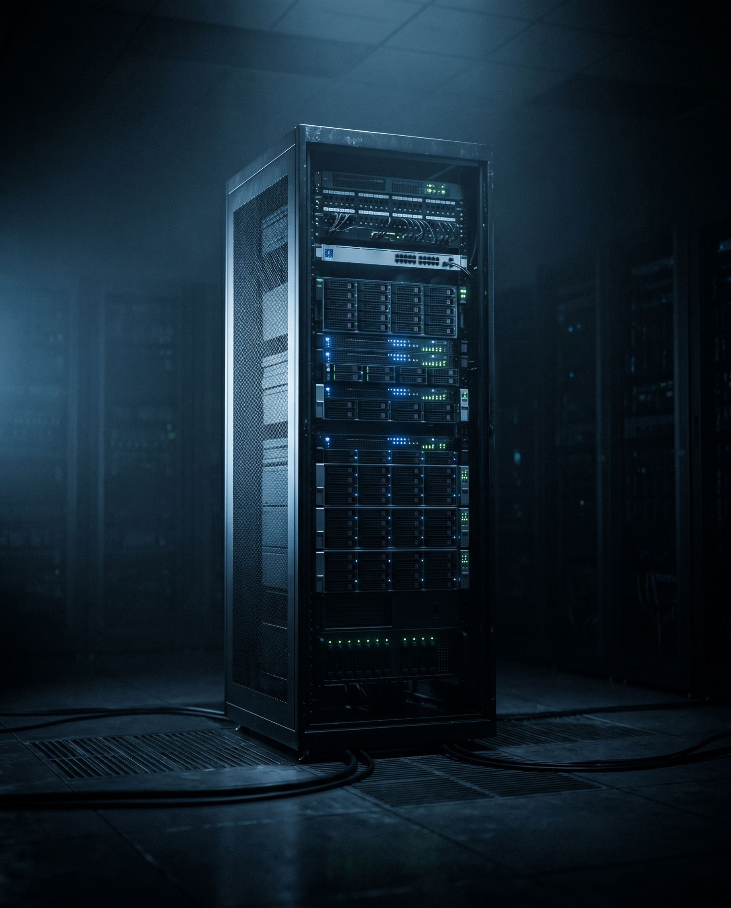 A single secure server rack glowing in a dark, cool-lit data room.