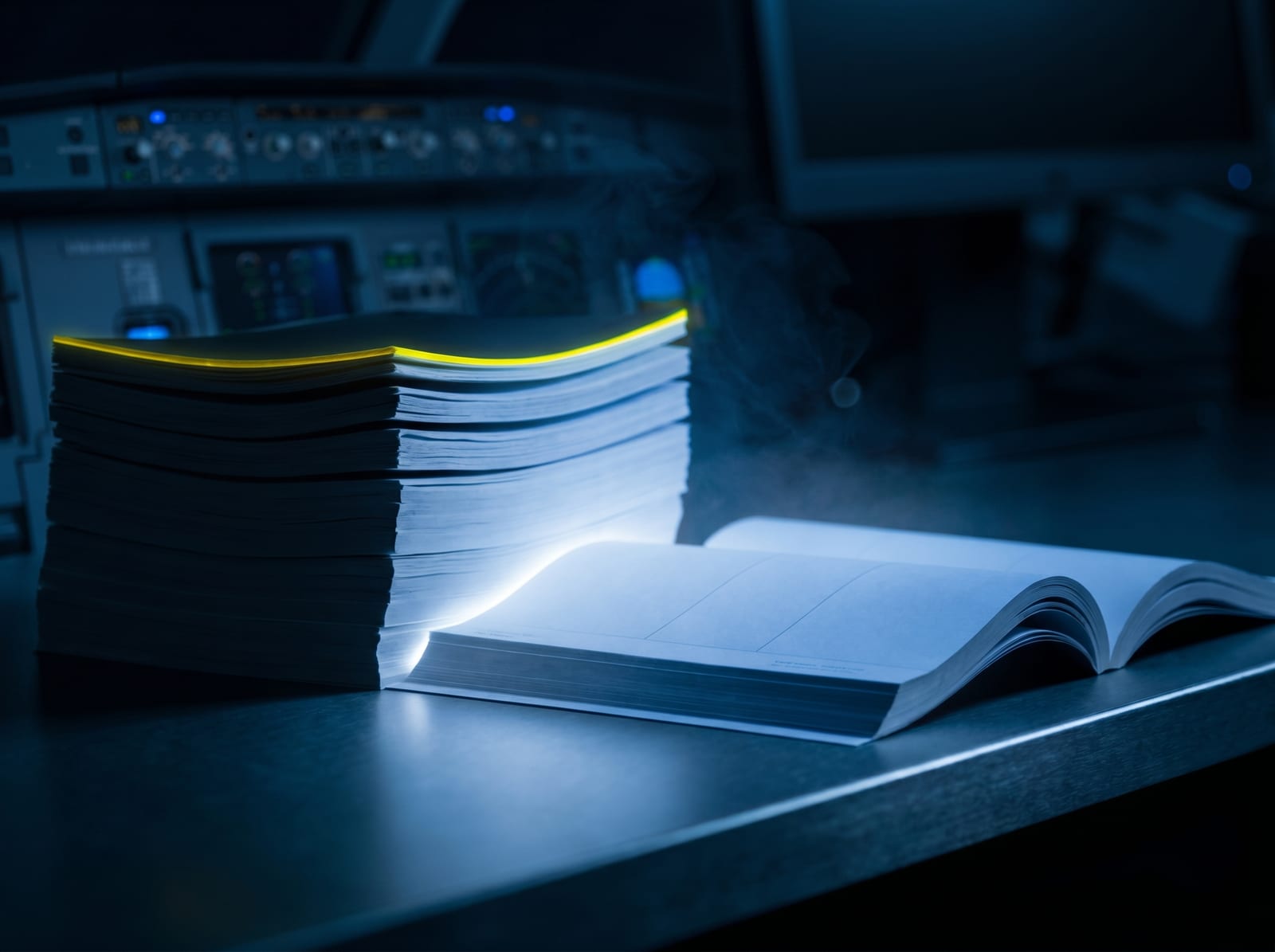 A glowing stack of premium proposal documents and an open service catalogue on a dark aviation operations desk.